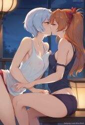 2girls a1exwell ai_generated asuka_langley_sohryu closed_eyes cutesexyrobutts_(style) cutesexyrobutts_ai_artstyle_imitation kissing lesbian_kiss neon_genesis_evangelion neopn_genesis_evangelion panties rei_ayanami stable_diffusion tank_top yuri