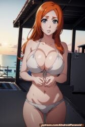 ai_generated aindroidparanoid beach big_breasts bikini bleach blush breasts breasts cameltoe gray_eyes happy huge_breasts inoue_orihime large_breasts long_hair narrow_waist nipples ocean open_arms orange_hair outdoors pussy sand smile stable_diffusion straight_hair