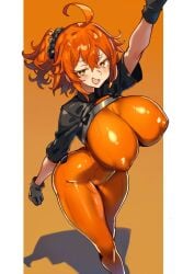 1girls bodysuit breasts ebora fate/grand_order fate_(series) female fujimaru_ritsuka_(female) hips hourglass_figure huge_breasts impossible_clothes long_hair naughty_face nipples orange_hair side_ponytail smile solo thick_thighs thighs wide_hips youngmanisdown