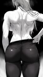 1girls absurdres adjusting_clothes ass backboob bare_back bare_breasts bare_shoulders belt breasts choker cowboy_shot female greyscale highres jujutsu_kaisen large_breasts long_hair masoq095 monochrome no_panties pants solo standing sweat sweatdrop thigh_gap topless topless_female yuki_tsukumo