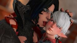 3d 3d_(artwork) 3d_model alisaie_leveilleur au_ra blush elezen elf female final_fantasy final_fantasy_xiv glasses gpose(ffxiv) licking licking_face ranier_layarte screenshot xaela