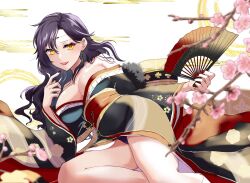 1girls alternate_costume azur_lane bare_shoulders black_hair black_kimono breasts cherry_blossoms circlet cleavage collarbone commission cosplay crossover earrings female female_only fingernails fire_emblem fire_emblem:_the_blazing_blade folding_fan friedrich_der_grosse_(azur_lane) friedrich_der_grosse_(azur_lane)_(cosplay) friedrich_der_grosse_(dark_raiments_of_gagaku)_(azur_lane) friedrich_der_grosse_(dark_raiments_of_gagaku)_(azur_lane)_(cosplay) fur-trimmed_kimono fur_trim hand_fan highres holding holding_fan japanese_clothes jewelry kimono large_breasts lipstick long_fingernails long_hair looking_at_viewer low_neckline makeup mature_female mu_tu_bu nabatame_hitomi nail_polish new_year nintendo non-web_source off_shoulder panties panty_peek pantyshot pixiv_commission purple_panties red_nails red_sash sash smile solo sonia_(fire_emblem) thighs underwear upskirt voice_actor_connection yellow_eyes