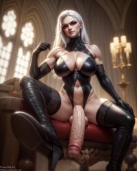 ai_generated black_leather boots dominant_futanari dominatrix elbow_gloves femdom flaccid_penis foot_fetish foot_play futanari heels high_heels idel_art idellyven large large_breasts large_penis looking_at_viewer red_eyes solo_futa stable_diffusion stepping_on_face thighhigh_boots veiny_penis white_hair