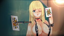 1girls areola_slip bleached bleached_clothing blonde_hair blue_eyes bracelet choker earrings nipples nipples_visible_through_clothing original_character queen_of_hearts string_bikini tongue_out