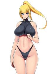 1girls armpit_crease bare_arms bare_legs bare_shoulders belly belly_button big_breasts black_panties blonde_hair blue_eyes breasts eyebrows eyebrows_visible_through_hair eyelashes female female_only front_view hair highleg hips hourglass_figure huge_breasts human human_only humanoid ishimiso_(ishimura) large_breasts long_hair looking_at_viewer metroid navel nintendo ponytail pose samus_aran shiny shiny_clothes smile solo solo_female sports_bra standing straight super_metroid thick thick_thighs thighs thong tied_hair white_background wide_hips