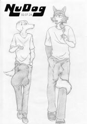 absurd_res anthro beastars big_bulge bulge canid canine canis clothed clothing detailed_bulge domestic_dog duo fully_clothed hi_res huge_bulge jack_(beastars) legoshi_(beastars) male mammal monochrome nudog wolf