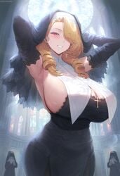 1girls ai_generated ai_love_higokko blonde_hair breasts female hi_res hips holaraai huge_breasts light-skinned_female light_skin long_hair naughty_face nun nun's_habit nun_outfit original original_character red_eyes thick_thighs thighs voluptuous wide_hips