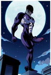 abs clenched_fists eddie_brock erection male_focus male_only marvel marvel_comics moon muscular muscular_male night_sky nipple_bulge nipples pecs penis shadow_over_eyes solo_focus solo_male soul_patch standing_on_building symbiote veiny_penis venom_(marvel) yuunsfw