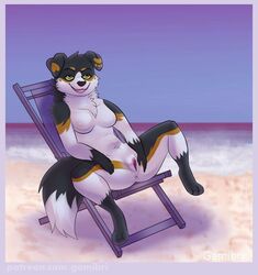 anthro beach border_collie breasts canine canine collie digital_media_(artwork) eye_patch eyewear female fur gamibri hyena looking_at_viewer mammal nude pussy seaside smile solo spread_legs spreading striped_hyena