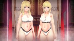 2girls beauty_mark big_breasts bleached bleached_clothing blonde_hair blue_eyes large_breasts long_hair looking_at_viewer multiple_girls original_characters panties short_hair sports_bra