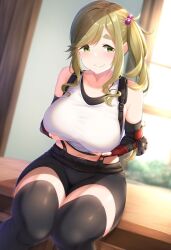 ai_generated beige_hair big_breasts brzezy final_fantasy final_fantasy_vii green_eyes hair_ornament inuyama_aoi large_breasts side_ponytail thick_thighs tifa_lockhart_(cosplay) yurucamp