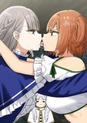 2024 2d_(artwork) 3girls anger_vein angry_expression big_breasts catfight female female_only french_kiss frieren grey_hair huge_breasts kanne_(sousou_no_frieren) kissing lawine_(sousou_no_frieren) lesbian_kiss multiple_girls orange_hair sexfight sky_(freedom) sousou_no_frieren tongue tongue_kiss white_hair yuri