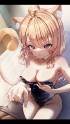 1boy 1girl :3 :q ahoge animal_ear_fluff animal_ears bangs bare_arms bare_shoulders black_leotard blonde_hair blurry blurry_background blush breasts cat_ears cat_girl cat_tail catgirl cleavage closed_mouth collarbone covered_navel depth_of_field eyebrows_visible_through_hair face_markings fang female fingernails hair_between_eyes indoors large_breasts leotard letterboxed light_brown_hair long_hair looking_at_viewer medium_breasts red_eyes sitting slit_pupils smile solo_focus squchan_(vtuber) strapless strapless_leotard tail tail_raised tongue tongue_out towel v-shaped_eyebrows virtual_youtuber vyugen