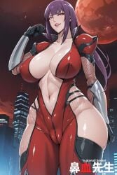 ai_generated big_breasts bimbo breasts cleavage light-skinned_female light_skin mature_female milf oboro_(taimanin_asagi) only_female pink_hair red_eyes smirk taimanin_(series) taimanin_asagi_battle_arena taimanin_suit