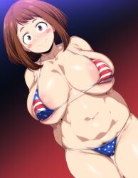 ai_generated american_flag_bikini bikini boku_no_hero_academia bonno brown_eyes brown_hair brunette chubby_female gigantic_breasts huge_breasts my_hero_academia ochako_uraraka short_hair shounen_jump voluptuous voluptuous_female