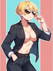 1girls ai_generated big_breasts blonde_hair breasts business_suit business_woman female female_focus female_only jorgecarlosai mature mature_female navel pants shirtless shirtless_female short_hair suit topless topless_female