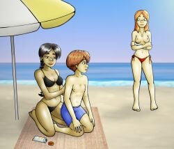 1boy 2girls aerodactylusart anais_(aerodactylusart) beach beach_ball bikini bikini_bottom bikini_top_removed blanket brown_eyes casual casual_nudity casual_topless female gaël_(aerodactylusart) green_eyes male milie_stafilya_(aerodactylusart) nonsexual_nudity sea seaside sunscreen topless