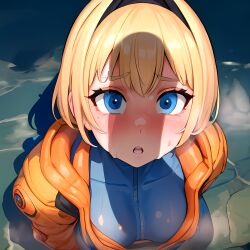 ai_generated apex_legends blonde_hair blue_body blue_eyes open_mouth orange_jacket outdoors outside penis_shadow shadow short_hair stable_diffusion surprised wattson_(apex_legends)