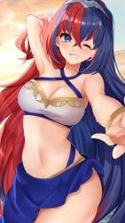 1girls alear_(female)_(fire_emblem) alear_(fire_emblem) arm_up armpits bare_arms bare_shoulders bikini blue_hair breasts cleavage commentary_request cowboy_shot criss-cross_halter edamameoka female female female_only fire_emblem fire_emblem_engage halterneck highres large_breasts long_hair multicolored_hair navel nintendo official_alternate_costume red_hair sarong solo split-color_hair standing stomach streaked_hair swimsuit very_long_hair