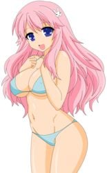 absurdres baka_to_test_to_shoukanjuu bare_midriff bikini blue_eyes breasts busty cleavage erect_nipples female hair_ornament hairclip highres himeji_mizuki hips large_breasts legs long_hair looking_at_viewer mound_of_venus navel open_mouth photoshop pink_hair smile solo standing swimsuit thighs tongue vector_trace