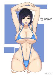 1female anoneditor armpits arms_above_head arms_up bangs big_breasts bikini bimbo bimbo_body black_hair breasts clothes clothing edit edited genshin_impact glasc human mostly_nude purple_lipstick short_hair solo solo_female standing suspenders swimsuit thick_thighs wide_hips yelan_(genshin_impact)