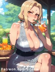 ai_generated big_ass big_breasts big_butt big_thighs blonde_hair blush crossed_legs ezuna huge_ass huge_breasts huge_butt huge_thighs naruto naruto_(series) ponytail red_eyes see-through see-through_clothing silver_clothing tsunade tsunade_(naruto) wanuze wide_hips