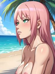 1girls ai_generated alternate_hair_length alternate_hairstyle beach female female_only green_eyes in_profile infiniteskull light-skinned_female light_skin long_hair looking_at_viewer nai_diffusion naruto naruto_(series) naruto_shippuden perky_breasts pink_hair puffy_nipples sakura_haruno seaside side_view sideboob solo solo_focus stable_diffusion sweat sweatdrop topless topless_female very_long_hair