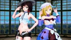 3d 3d_(artwork) alternate_version_at_source alternate_version_available asawa barely_clothed barely_visible_genitalia black_panties blonde_hair blonde_pubic_hair brown_hair brown_pubic_hair exposed hat large_breasts maribel_hearn medium_breasts midriff mikumikudance mmd nipple_slip nipples no_bra peace_sign pink_eyes pink_nipples red_eyes renko_usami see-through see-through_clothing showing_off sign_of_the_horns skimpy skimpy_clothes skimpy_panties string_panties touhou transparent_clothing wardrobe_malfunction