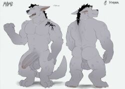 anthro balls biceps ear_piercing flaccid fleshformomo fur genitals hi_res hyena male male_only mammal model_sheet momo_(fleshformomo) muscular muscular_anthro muscular_male nude pawpads penis piercing solo solo_male tail vein veiny_penis