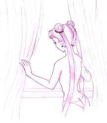 1girls back_view bishoujo_senshi_sailor_moon blackbomberwoman female female_only looking_out_window monochrome panties sketch solo tagme topless usagi_tsukino