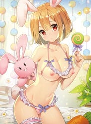 animal_ears arm_behind_back ayami bangs bed_sheet blonde_hair blunt_bangs blush bow bow_panties breasts bunny_ears bunny_tail candy collarbone cowboy_shot curtains daisy day dengeki_moeou eyebrows eyebrows_visible_through_hair female fingernails flower food frilled_panties frills highres holding holding_stuffed_animal indoors leg_garter legs_together lollipop looking_at_viewer medium_breasts nipples original panties petals pink_bow pink_panties plant pom_pom_(clothes) purple_ribbon red_eyes revealing_cutout ribbon solo standing stuffed_animal stuffed_bunny stuffed_toy tail underwear white_flower