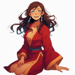 1girls ai_generated alternate_costume avatar_legends blue_eyes brown_hair cleavage dark-skinned_female dark_skin female full_body hand_on_lap kneeling korra laughing plunging_neckline ponytail red_robe robe robes smile the_avatar the_legend_of_korra water_tribe