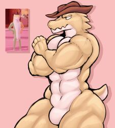 1boy abs anthro bulge cowboy_hat crossed_arms frown gummigoo_(the_amazing_digital_circus) humanoid kingzel male male_only muscular_anthro muscular_male muscular_thighs pecs reference_image reptile screenshot solo tail the_amazing_digital_circus white_eyes