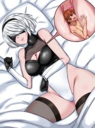 1boy 1girls bed between_breasts big_breasts blindfold breasts clothing female giantess hairband heart-shaped_pupils light-skinned_female light-skinned_male light_skin lying lying_on_back male micro nier nier:_automata short_hair size_difference smile thighhighs vkelis white_hair yorha_2b