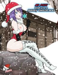 big_breasts blue_eyes boots breasts christmas christmas_hat christmas_outfit crossed_legs crow531 exposed_breasts gloves lollipop ms_pixxx nipples outdoors outside pale_skin purple_hair rock rosario+vampire shirayuki_mizore short_hair sitting snow thighhighs watermark