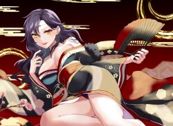 1girls alternate_costume azur_lane bare_shoulders black_hair black_kimono breasts circlet cleavage collarbone commission cosplay crossover earrings female female_only fingernails fire_emblem fire_emblem:_the_blazing_blade folding_fan friedrich_der_grosse_(azur_lane) friedrich_der_grosse_(azur_lane)_(cosplay) friedrich_der_grosse_(dark_raiments_of_gagaku)_(azur_lane) friedrich_der_grosse_(dark_raiments_of_gagaku)_(azur_lane)_(cosplay) fur-trimmed_kimono fur_trim hand_fan highres holding holding_fan japanese_clothes jewelry kimono large_breasts lipstick long_fingernails long_hair looking_at_viewer low_neckline makeup mature_female mu_tu_bu nabatame_hitomi nail_polish new_year nintendo non-web_source off_shoulder panties panty_peek pantyshot pixiv_commission purple_panties red_nails red_sash sash smile solo sonia_(fire_emblem) thighs underwear upskirt voice_actor_connection yellow_eyes