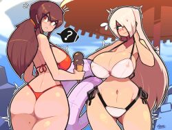 2girls ass big_breasts bikini blanca_(movailarts) breasts brown_hair embarrassed exposed_skin hourglass_figure long_hair movailarts nipple_bulge summer white_hair