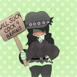 belt big_ass big_breasts black_hair blush clothes drawing green_background hat horny sign thighhighs thighs tongue_out wearing_clothes zombie