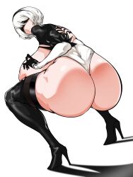 1girls android android_girl ass ass_focus backless_outfit big_ass big_butt blindfold breasts breasts_out female heels hi_res huge_ass huge_breasts large_breasts leotard light-skinned_female light_skin looking_at_viewer nier nier:_automata owner_(artist) short_hair simple_background squatting thick_thighs white_hair yorha_2b