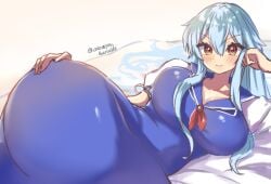 1girls artist_request ass big_breasts blue_hair blush breasts huge_ass huge_breasts kamishirasawa_keine keine_kamishirasawa mature_female smiling tagme teacher touhou yellow_eyes