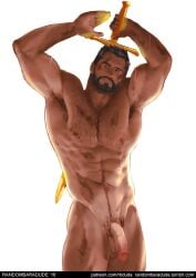 1boy abs armpit_hair arms_up bara beard body_hair brown_hair character_request chest_hair completely_nude copyright_request cowboy_shot dirty facial_hair full_beard half-erect holding holding_sword holding_weapon looking_to_the_side male male_focus male_only male_pubic_hair mature_male muscular muscular_male navel_hair nipple_hair nipples non-web_source nude pectorals penis pubic_hair randombaradude short_hair simple_background solo sword testicles uncensored weapon white_background