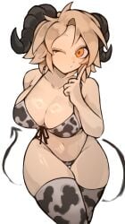 anime_nose beige_hair big_eyes bikini black_horns blonde_hair cow_bikini cow_print cow_print_bikini cow_thighighs curved_horns eye_closed female front-tie_bikini front-tie_top front_view hi_res highres horns index_finger_raised legwear one_eye_closed orange_eyes png ridged_horns sandy_blonde sandy_blonde_hair sandy_hair shh shigezie shush skindentation solo solo_female solo_focus standing susan_(rakeemspoon) swimsuit tail tan_hair thick_thighs thigh_gap thighhighs transparent_background upper_body upscaled white_background wink