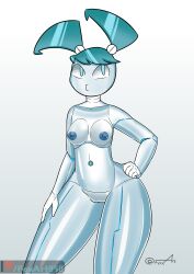 2018 blue_eyes blue_hair breasts female female_focus female_only foxart950 gray_background grey_background jenny_wakeman my_life_as_a_teenage_robot nickelodeon nipples pussy robot robot_girl short_hair thick_thighs thighs tied_hair white_background white_body wide_hips xj-9