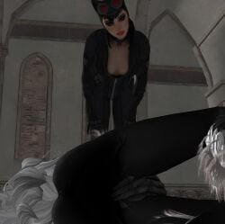 2girls 3d alstair2 batman_(series) black_cat black_cat_(marvel) catwoman catwoman_(arkham) crossover crotch cuntbusting dc felicia_hardy female female_only human human_only lowblow marvel selina_kyle spider-man_(series)