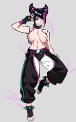 1girls black_hair breasts feet gray_background juri_han luz_dreaw nipples pink_eyes solo street_fighter street_fighter_6 thick white_skin