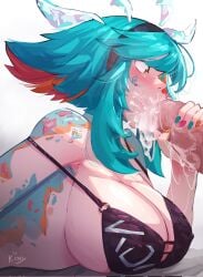 1boy 1boy1girl 1girls big_breasts black_bra blowjob blue_hair bra cock cum cum_in_mouth cum_inside cum_on_face female huge_breasts k/da_superfan k/da_superfan_neeko kiny large_breasts league_of_legends male neeko open_mouth oral oral_sex penis penis_grab penis_in_mouth red_hair straight video_games