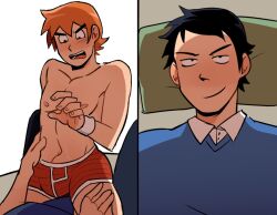 2boys belly_button black_hair bulge gay ginger hand_on_thigh male/male male_only nervous nipples on_bed pecs pillow sabobonds scott_pilgrim scott_w_pilgrim sitting_on_lap sitting_on_person topless twink underwear underwear_only wallace_wells wristband yaoi