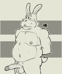 1boy anthro ball_tuft balls big_moobs embarrassed erection fat_man genitals hands_behind_back hi_res hunter-husky lagomorph leporid long_penis male male_only mammal moobs nintendo nude nude_male overweight overweight_male penis peppy_hare pubes rabbit saggy_balls solo solo_male star_fox tuft vein veiny_penis