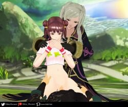 1boy 2girls 3d assisted_sex black_eyes bottomless breasts brown_eyes brown_hair coat cowgirl_position female female_focus ffm_threesome fire_emblem fire_emblem_awakening girl_on_top gloves grey_hair group_sex hands_on_another's_shoulders long_sleeves male mikey_obscurest minamoto_mamori multiple_girls nintendo outdoors penis pussy robin_(fire_emblem) robin_(fire_emblem)_(female) sex short_hair small_breasts straddling threesome tokyo_mirage_sessions_#fe vaginal_penetration