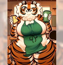 apron_only barista breasts chubby chubby_female curvaceous curvy cute employee employee_uniform furry furry_female highland_kall iced_latte_with_breast_milk naomi_the_tiger starbucks tagme thick_thighs tiger tiger_ears tiger_girl tiger_tail tummy voluptuous voluptuous_female